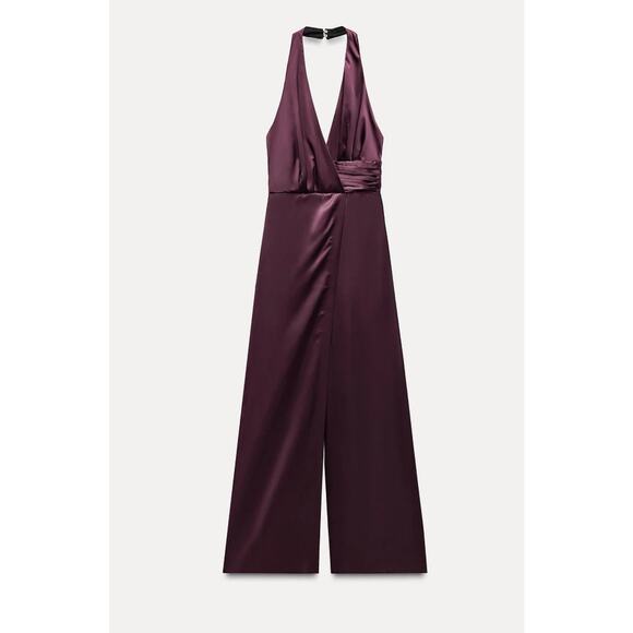 Nwt- Zara- LONG RUCHED HALTER JUMPSUIT-XS - Picture 1 of 7